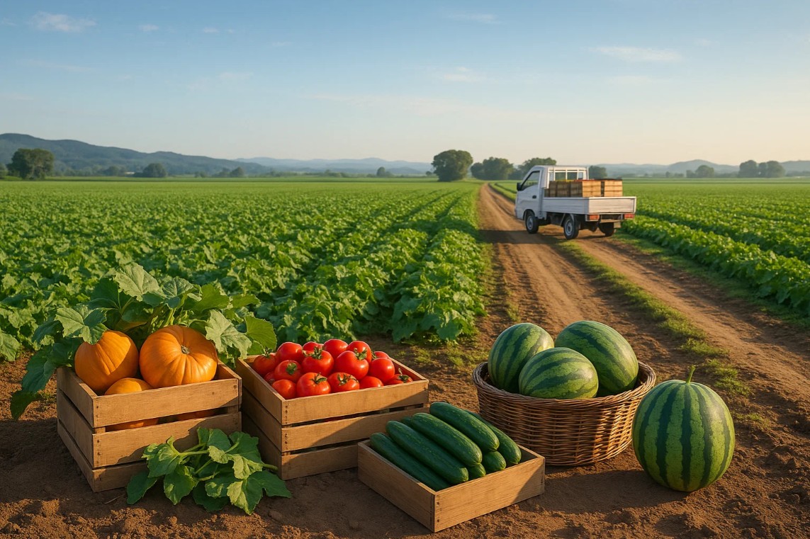 농경지 한가운데를 가로지르는 길 위에 농산물을 담은 트럭과 사진 앞쪽엔 땅 위에 놓여진 농산물 박스들이 있다