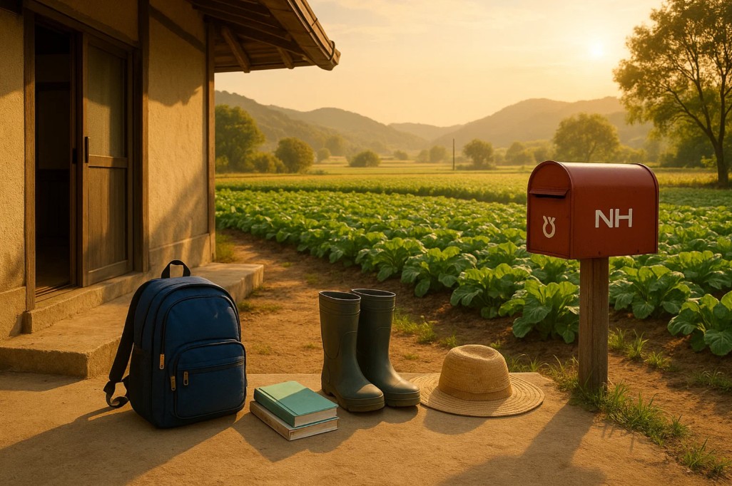 노을지는 집 앞 농협 로고의 우편함과 책가방 농사 준비 물품이 놓아진 이미지